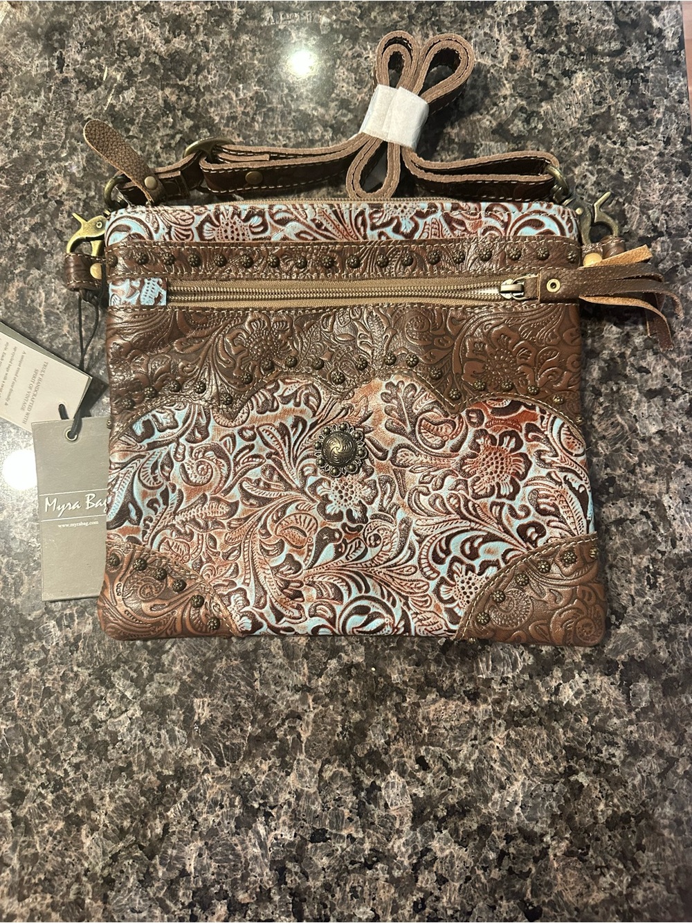 Myra Bag Brown Leather Tooled Crossbody with Turquoise Accents
